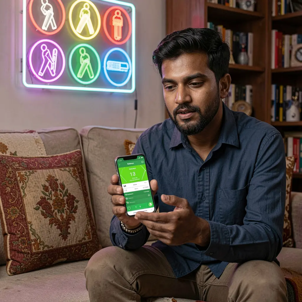 Confident Bangladeshi man playing cricket themed sports bets on the 930k COM app with vibrant neon cricket icons behind him
