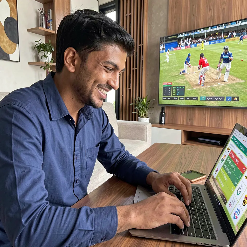Confident Bangladeshi player enjoying online sports betting on a laptop while watching a live cricket match on TV with 930k COM