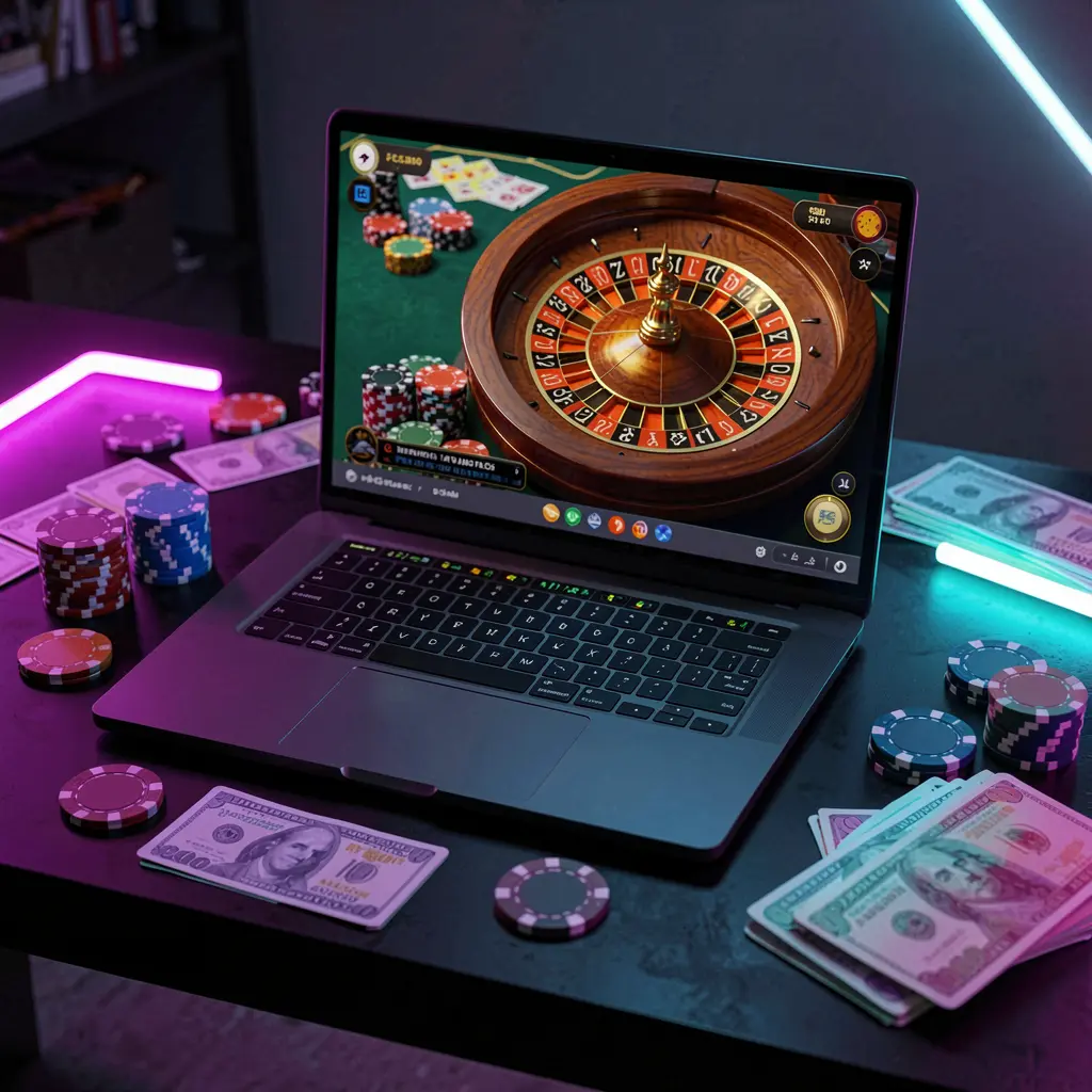 Stylish online roulette scene on a laptop with stacked casino chips and neon reflections highlighting immersive gameplay at 930k COM