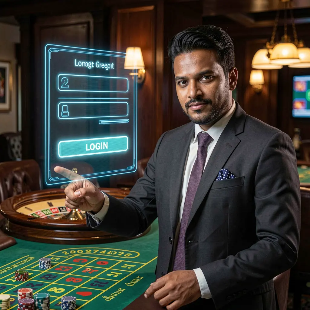 Confident Bangladeshi casino dealer pointing at a glowing holographic login panel with a roulette table behind him at 930k COM