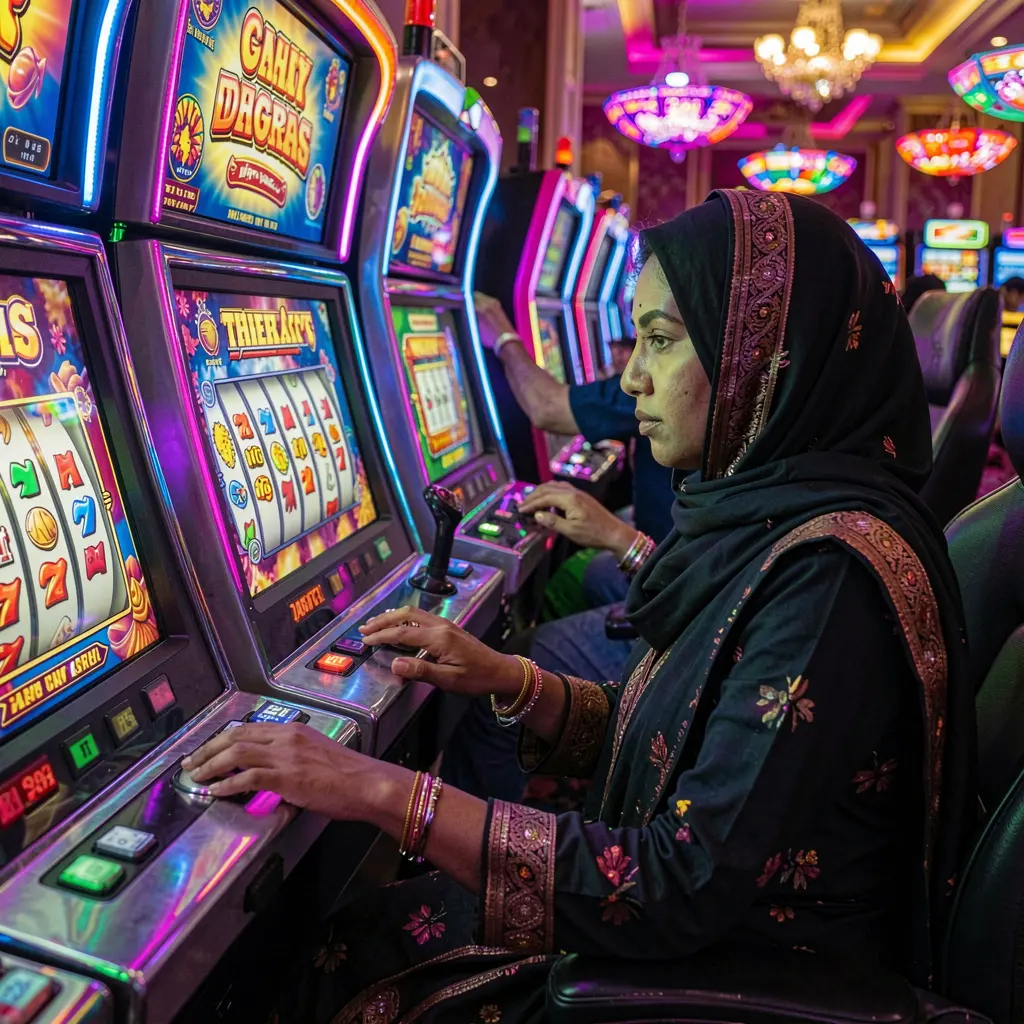 A focused Bangladeshi woman playing advanced slot machines in a modern casino setting with bright lights and immersive gaming atmosphere at 930k COM